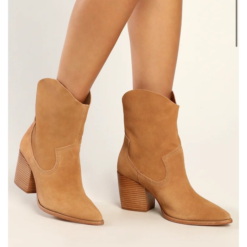Schutz Tessie Suede Leather Western Boots Womens 9.5 B Tan Slouchy Block Heels